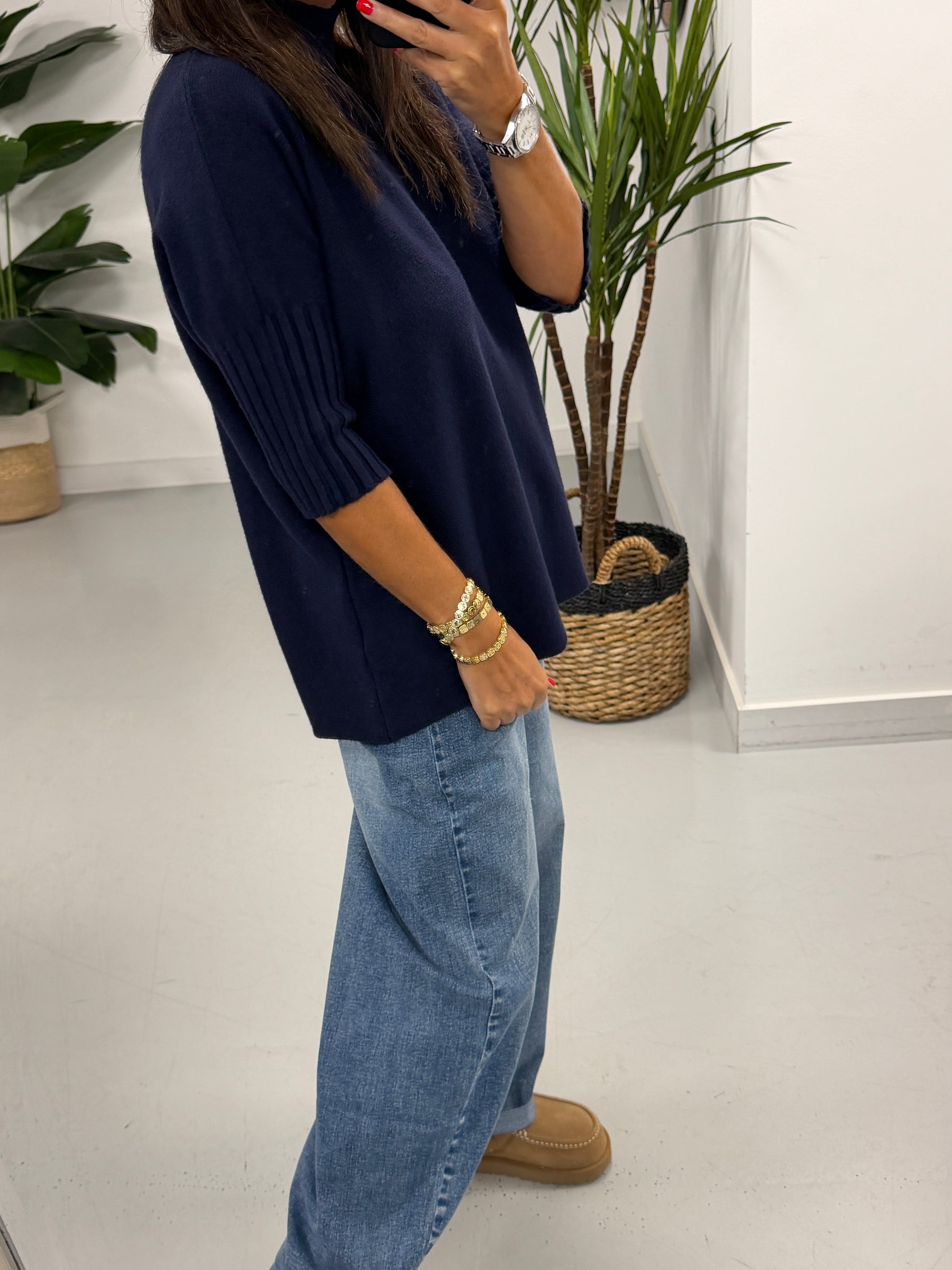 Crop Sleeve Knit - Navy