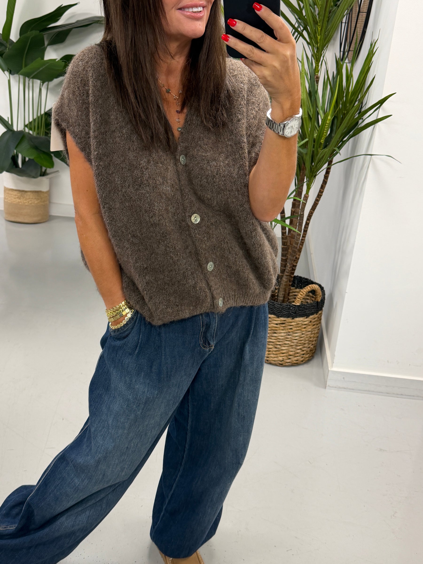 Button Up Slouchy Crop Sleeve Knit - Mocha