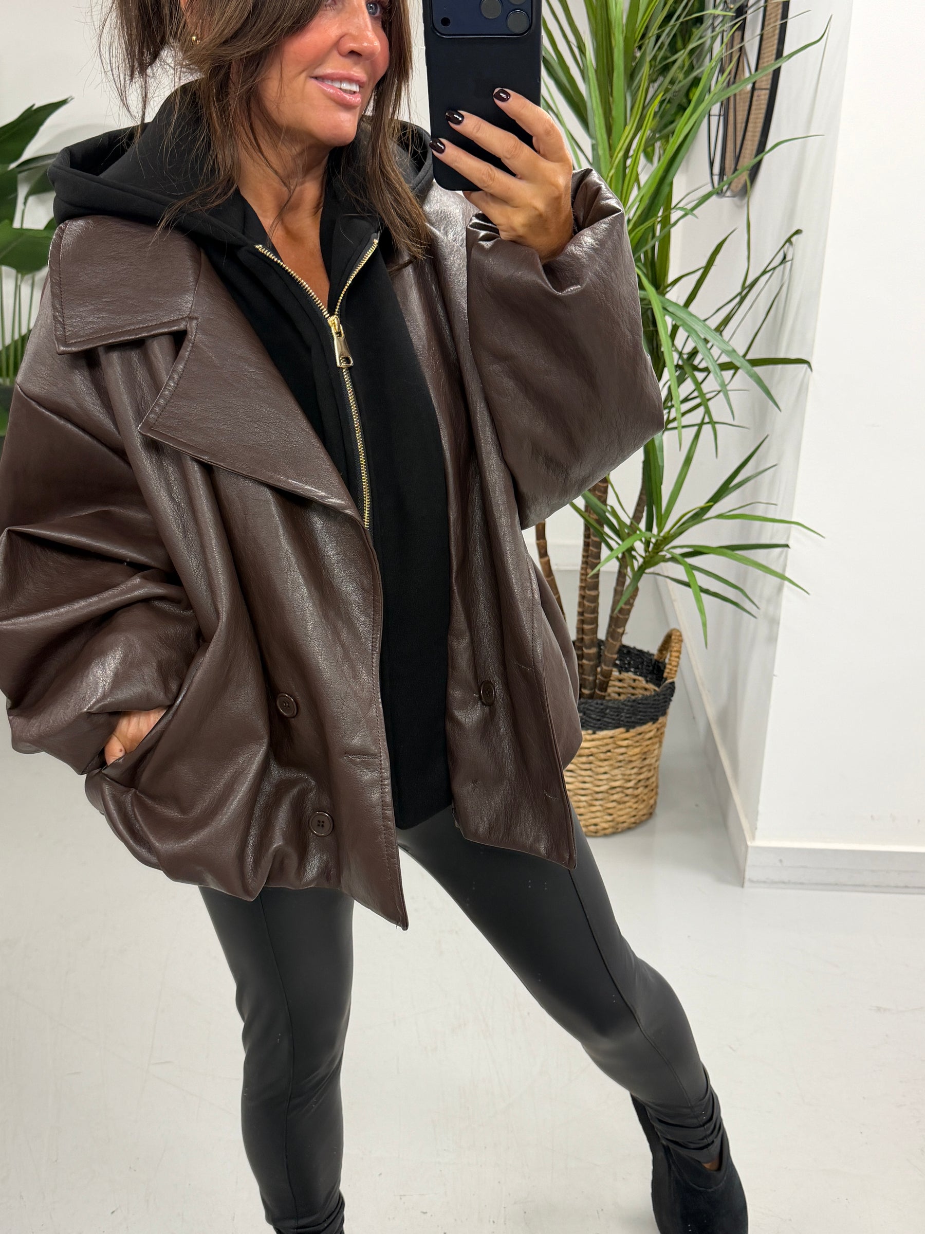 The Blake Hooded PU Jacket - Chocolate (Size 12 - 16)