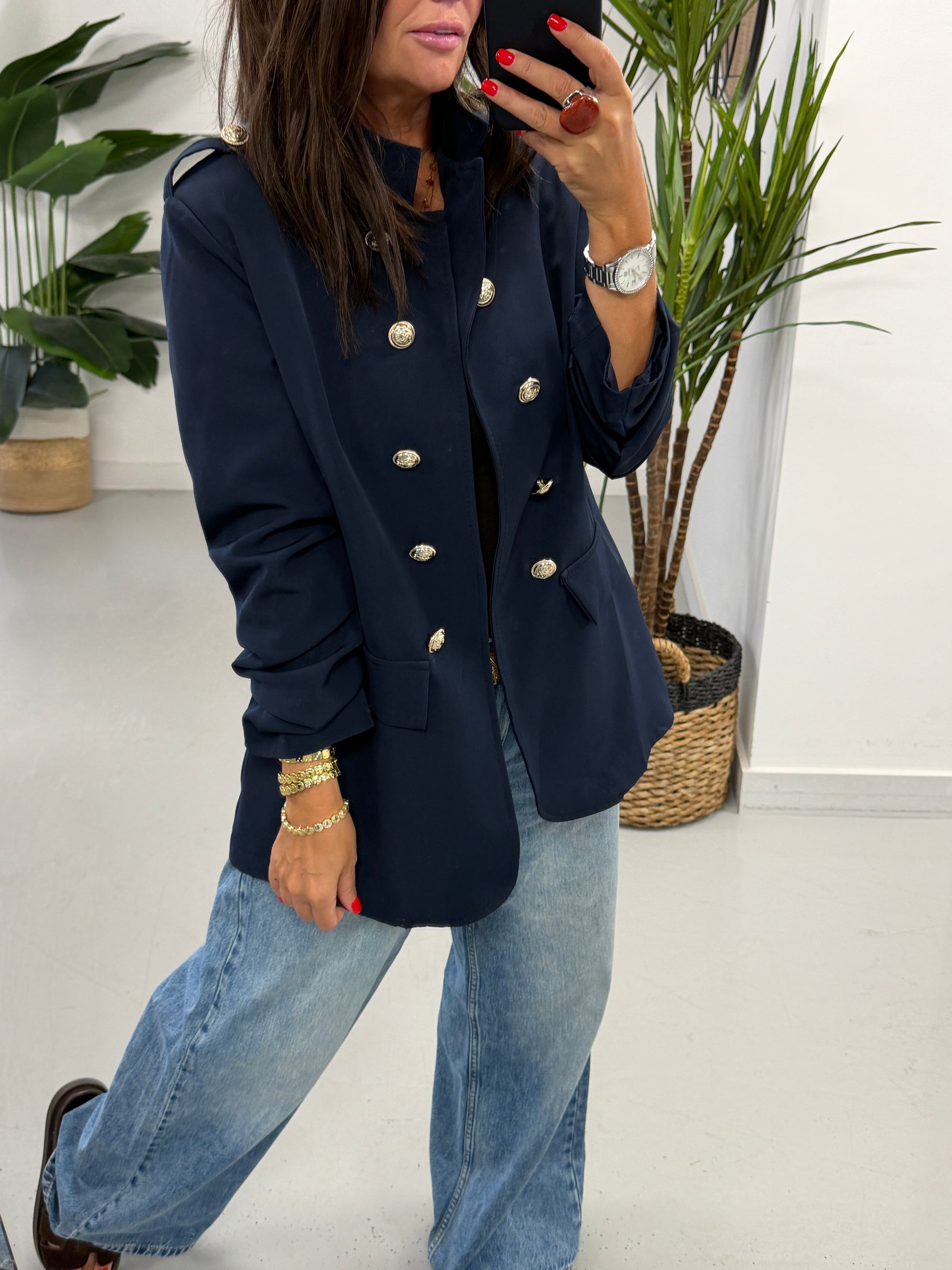 Military Ruched Sleeve Blazer - Navy