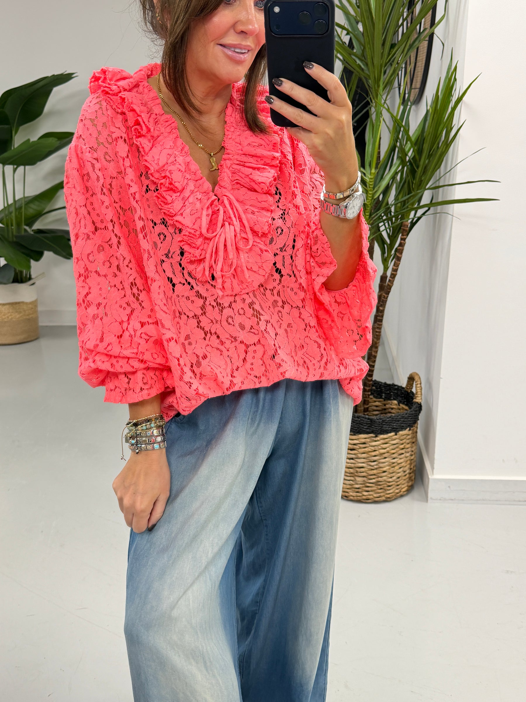 The Lace Ruffle Tie Blouse - Coral