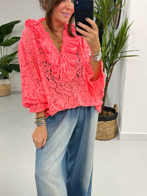 The Lace Ruffle Tie Blouse - Coral