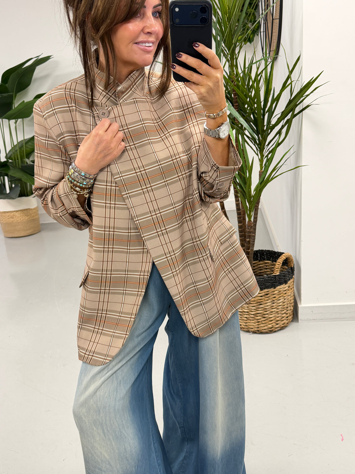 Madison Funnel Neck Blazer - Taupe Plaid (pre order due in next few days)