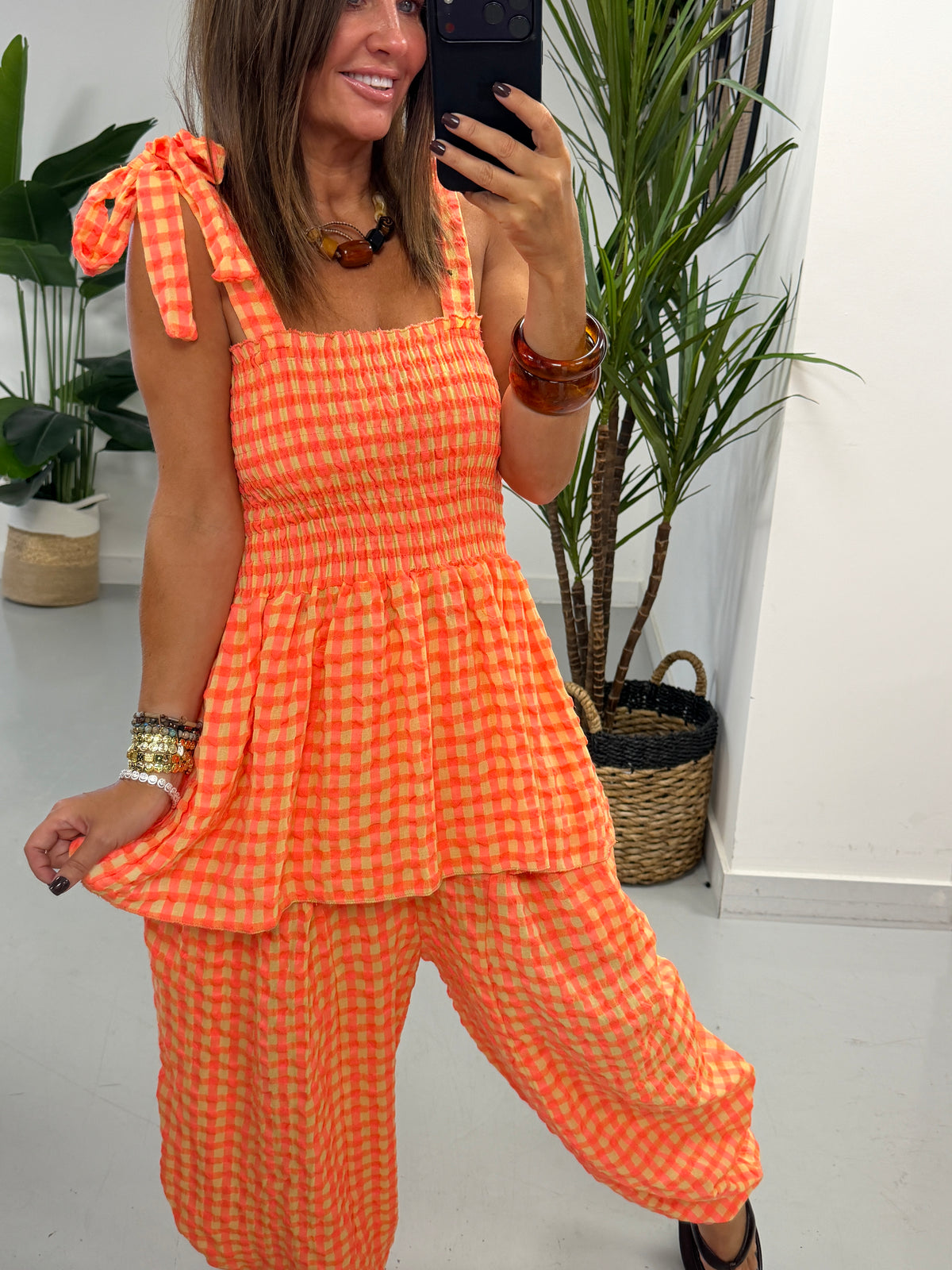 The Deluxe Gingham Peplum Top - Coral
