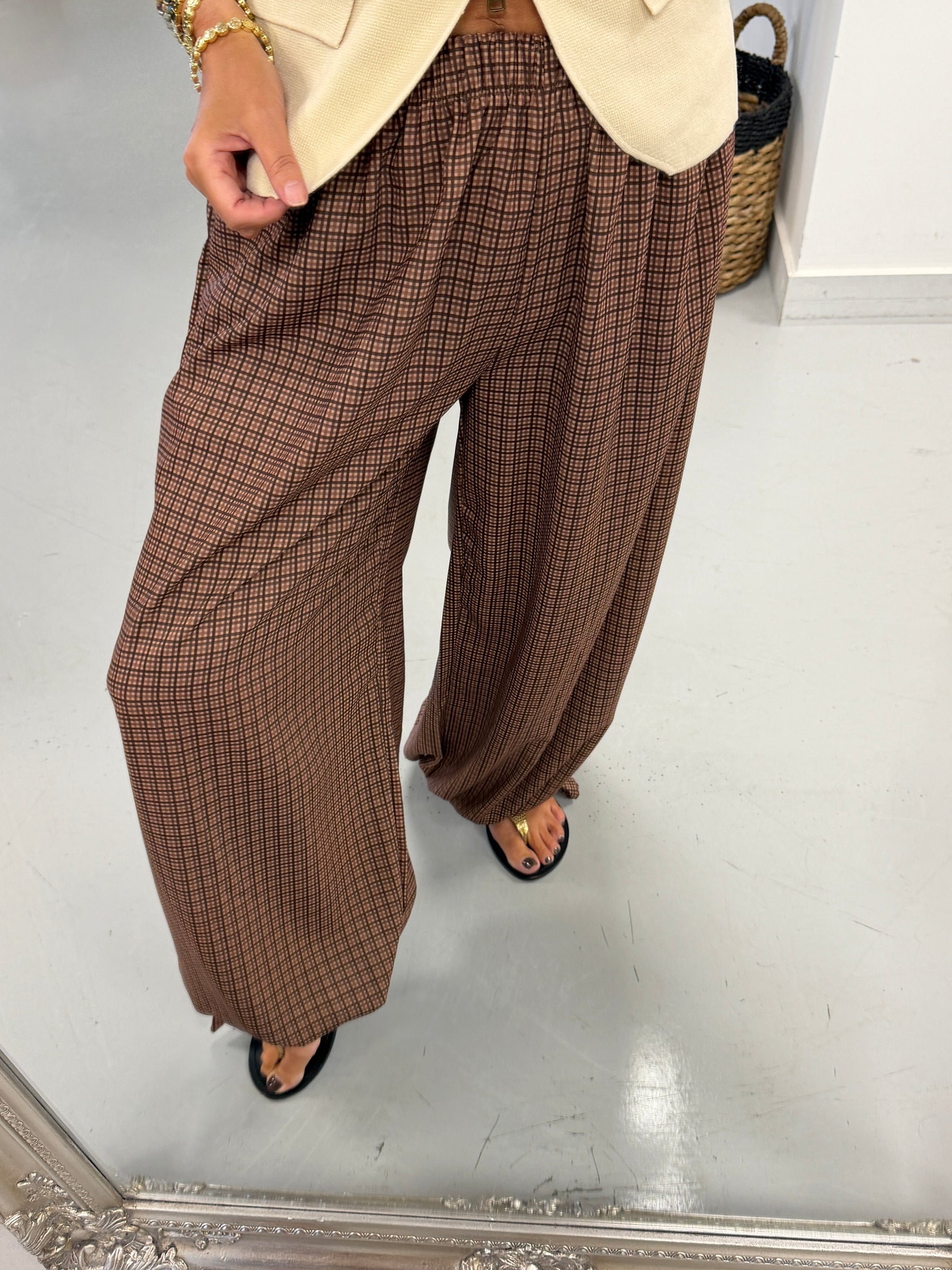Checked Tie Cuff Trousers - Chocolate