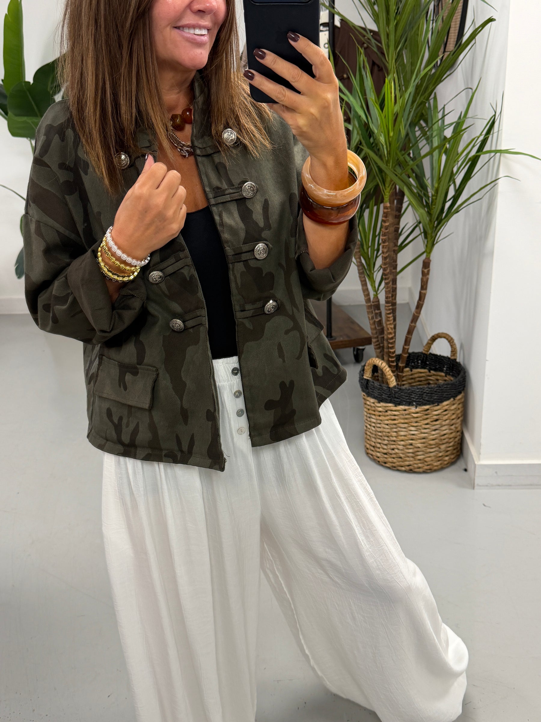 Camo Denim Military Jacket - Dark Khaki
