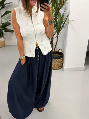 Button Crinkle Balloon Trousers - Navy
