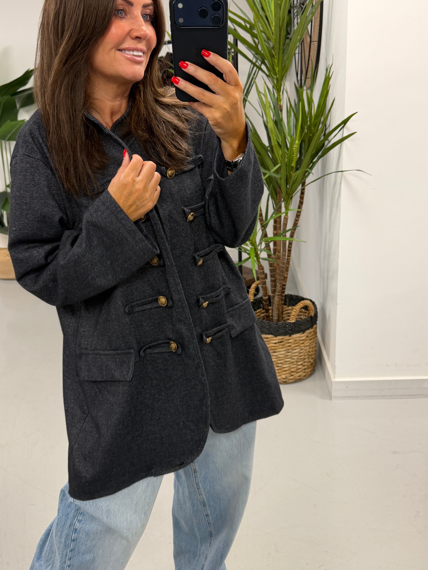The Long Line Herringbone Style  Military Jacket - Denim Blue