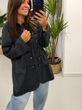 The Long Line Herringbone Style  Military Jacket - Denim Blue