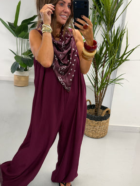 Bandana Scarf Crinkle Jumpsuit - Wine