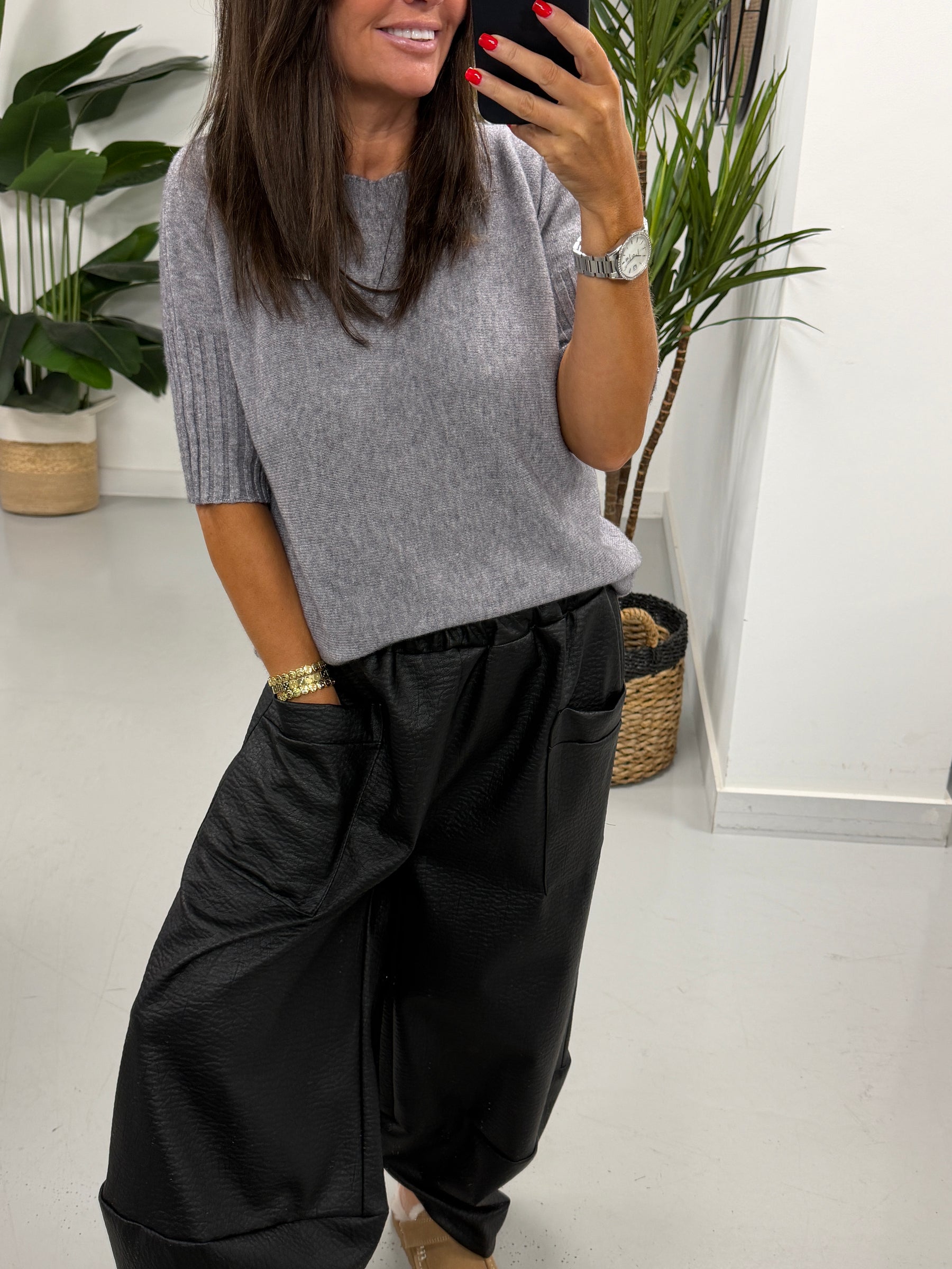 Crop Sleeve Boat Neck Knit - Grey