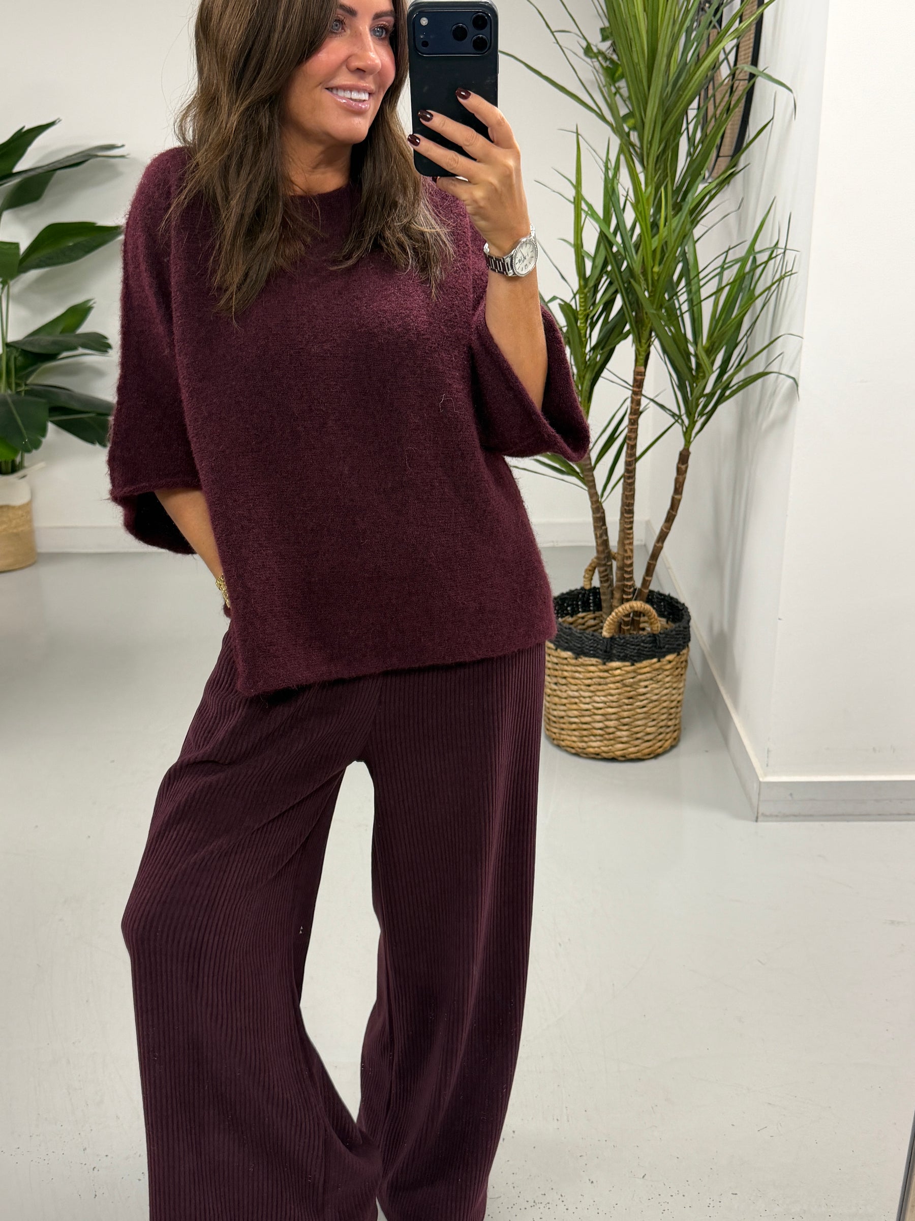 Sofia Soft Knit Crop Sleeve Knit Jumper - Aubergine (Size 10-16)