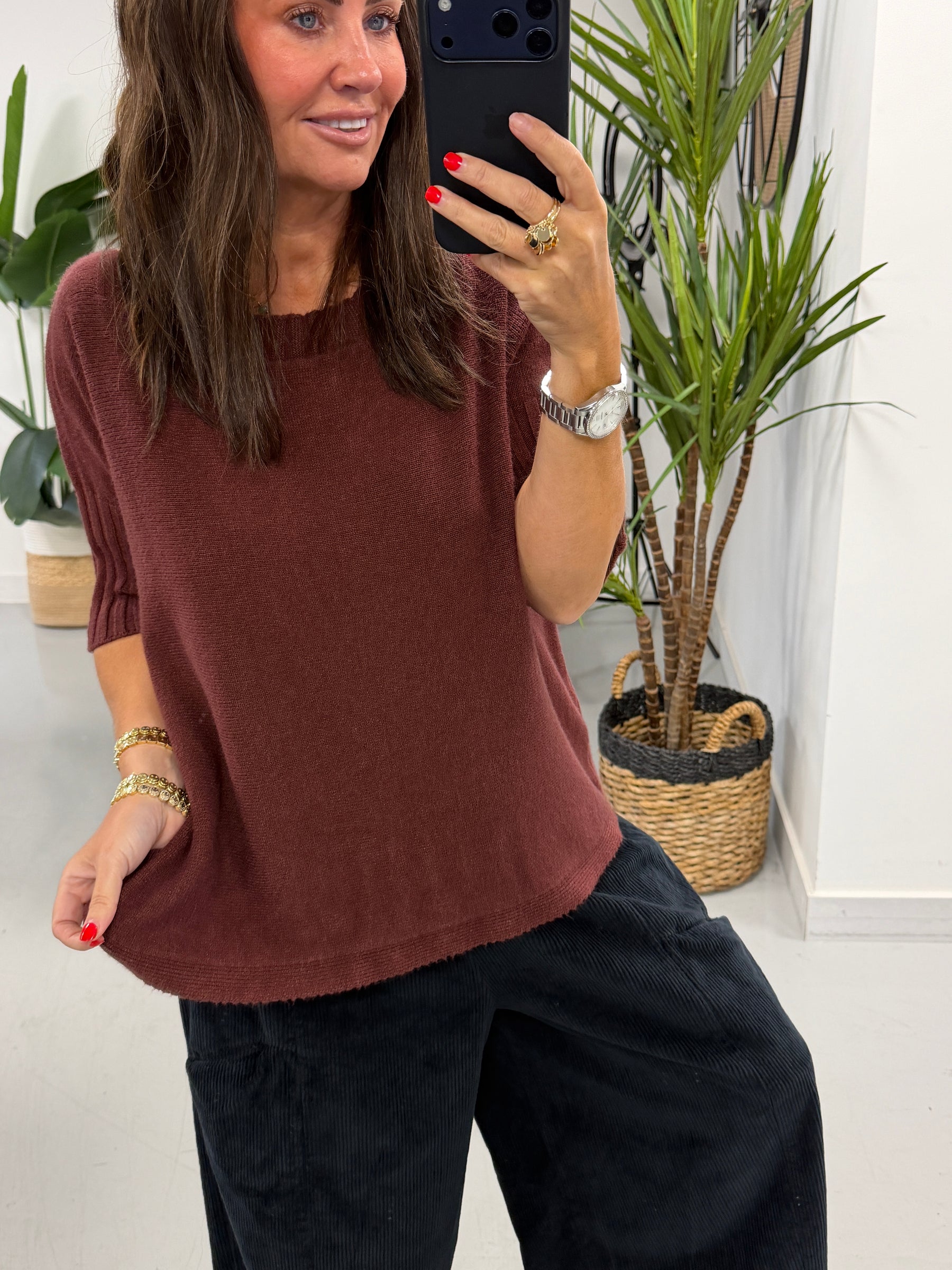 Crop Sleeve Boat Neck Knit - Aubergine (Size 10 - 16)