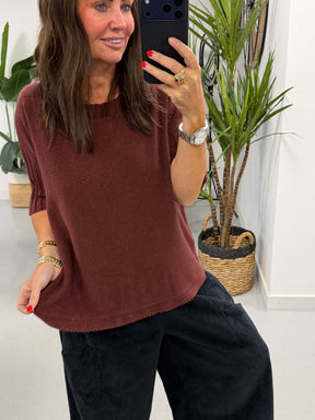 Crop Sleeve Boat Neck Knit - Aubergine (Size 10 - 16)