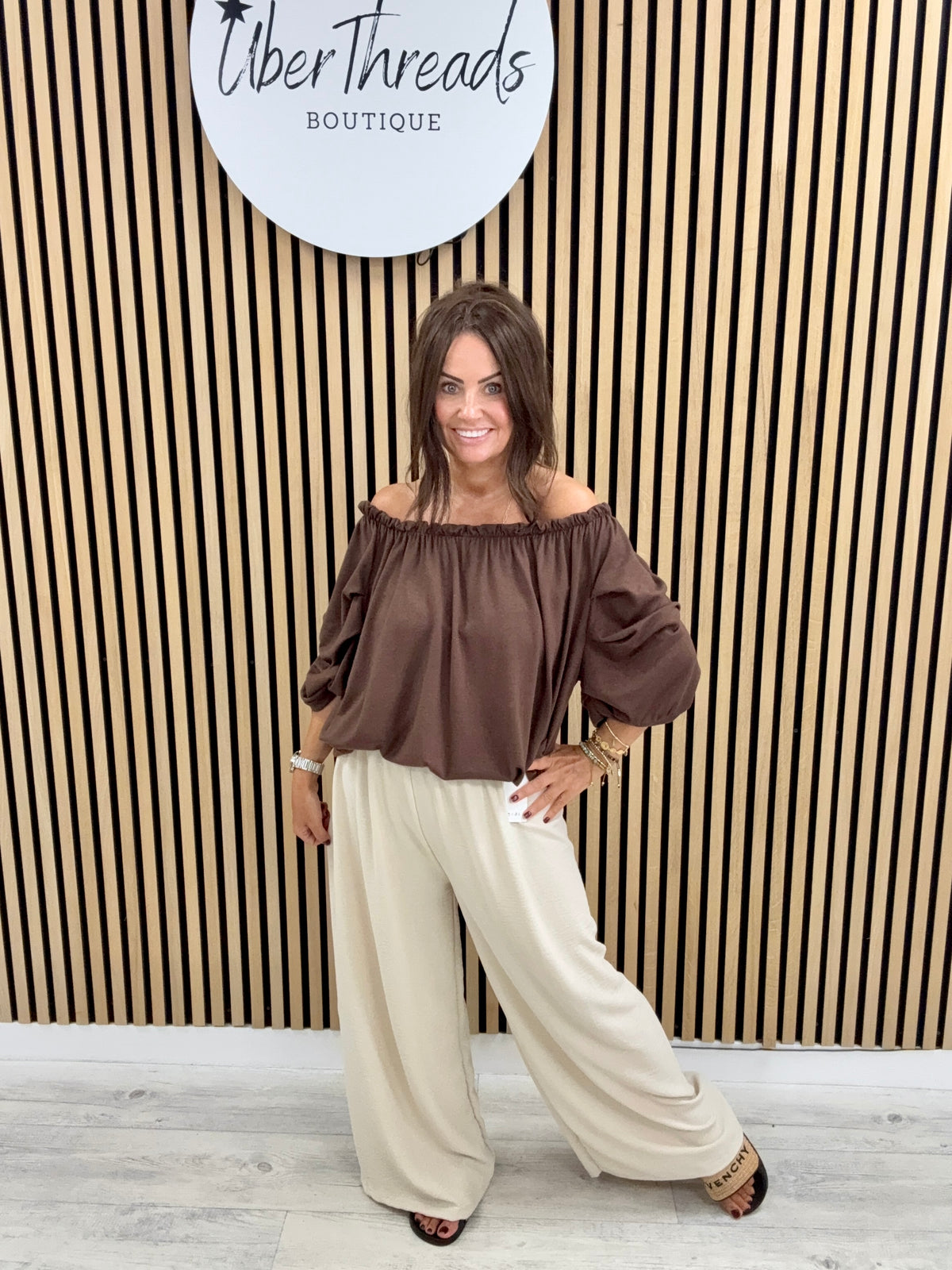The Soft Knit Palma Puff Sleeve Bardot- Chocolate