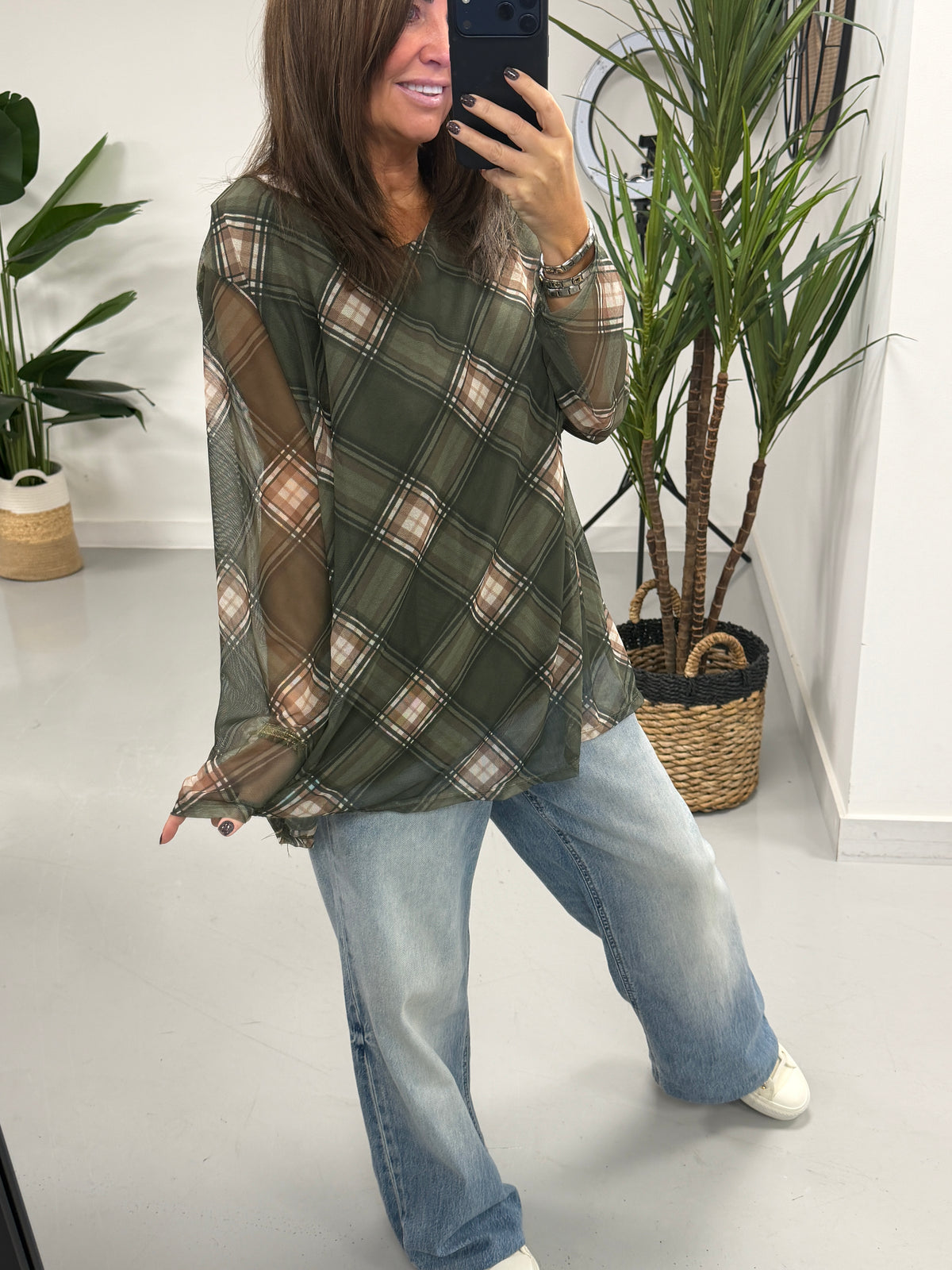 Layered Tartan Mesh Top - Khaki