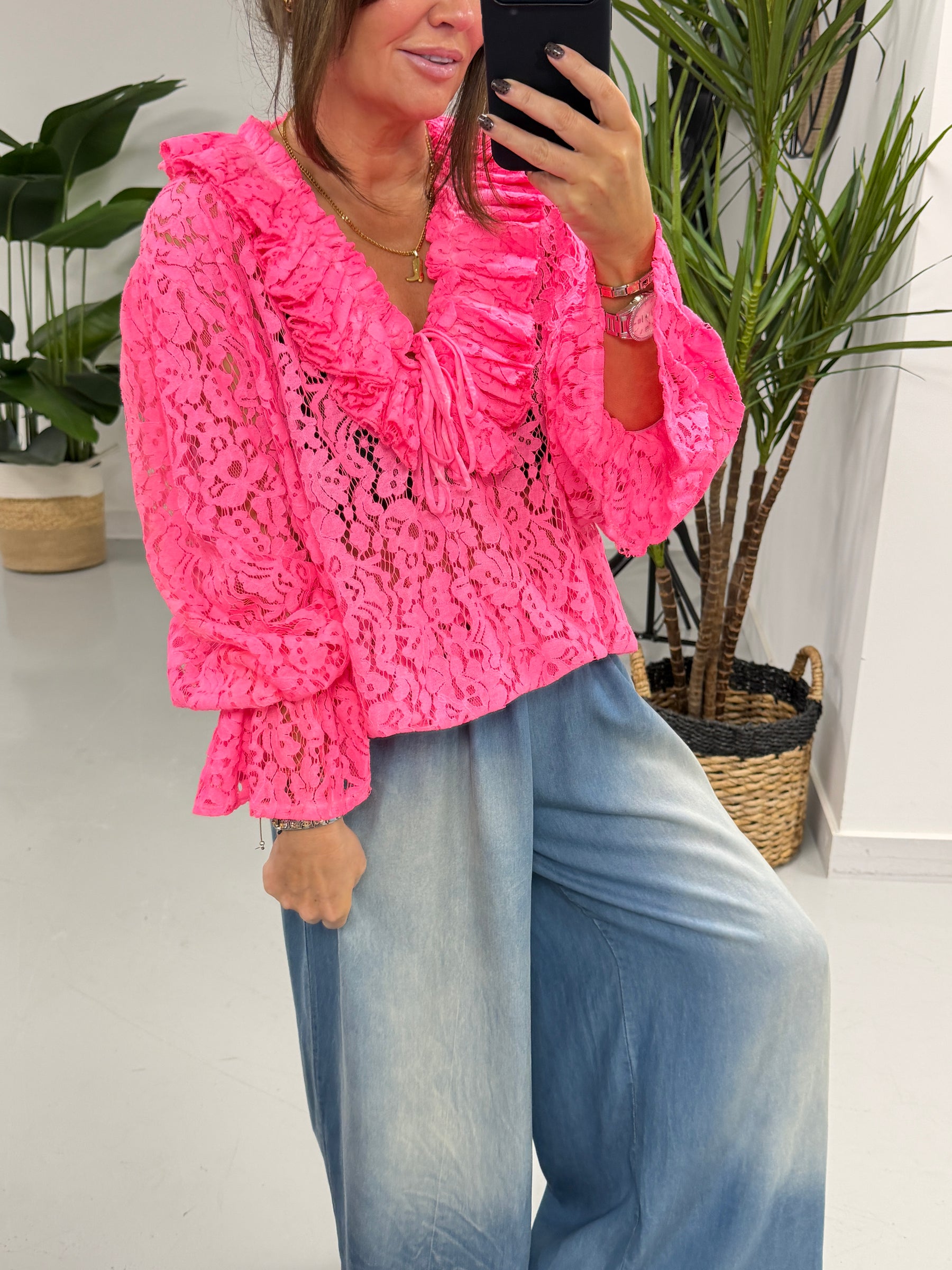 The Lace Ruffle Tie Blouse - Pink