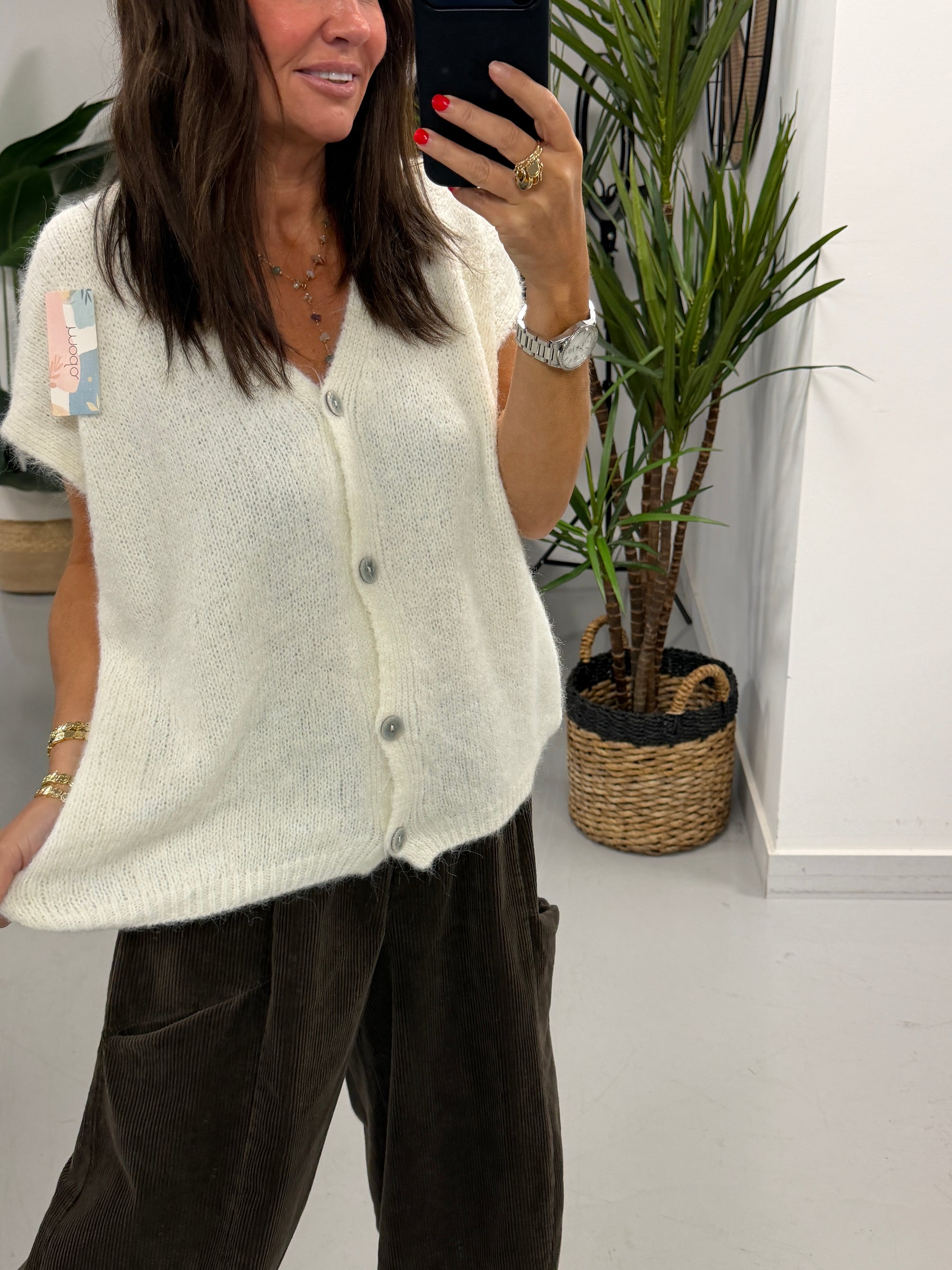 Button Up Slouchy Crop Sleeve Knit - Winter White  (Size 12-18)
