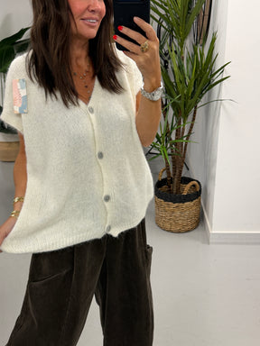 Button Up Slouchy Crop Sleeve Knit - Winter White  (Size 12-18)