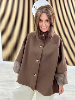 Faux Fur Sleeve Swing Jacket - Chocolate