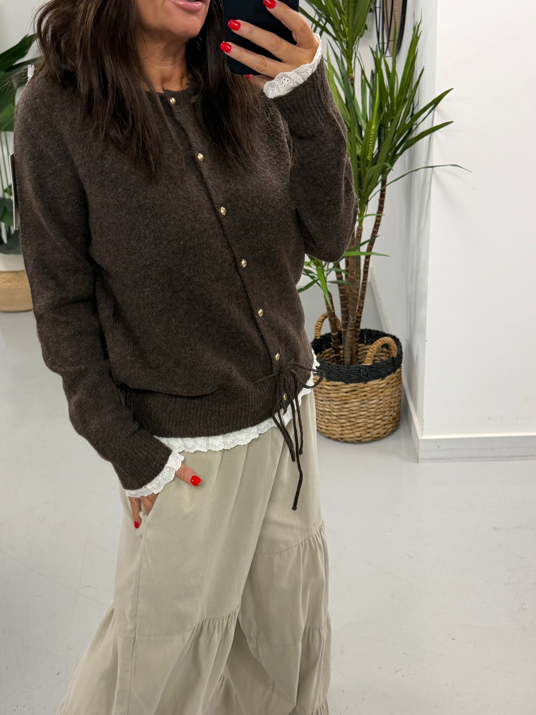 Downtown Ruffle Cardigan - Chocolate
