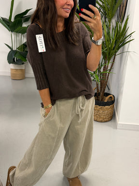 Crop Sleeve Boat Neck Knit - Chocolate (Size 10 - 16)