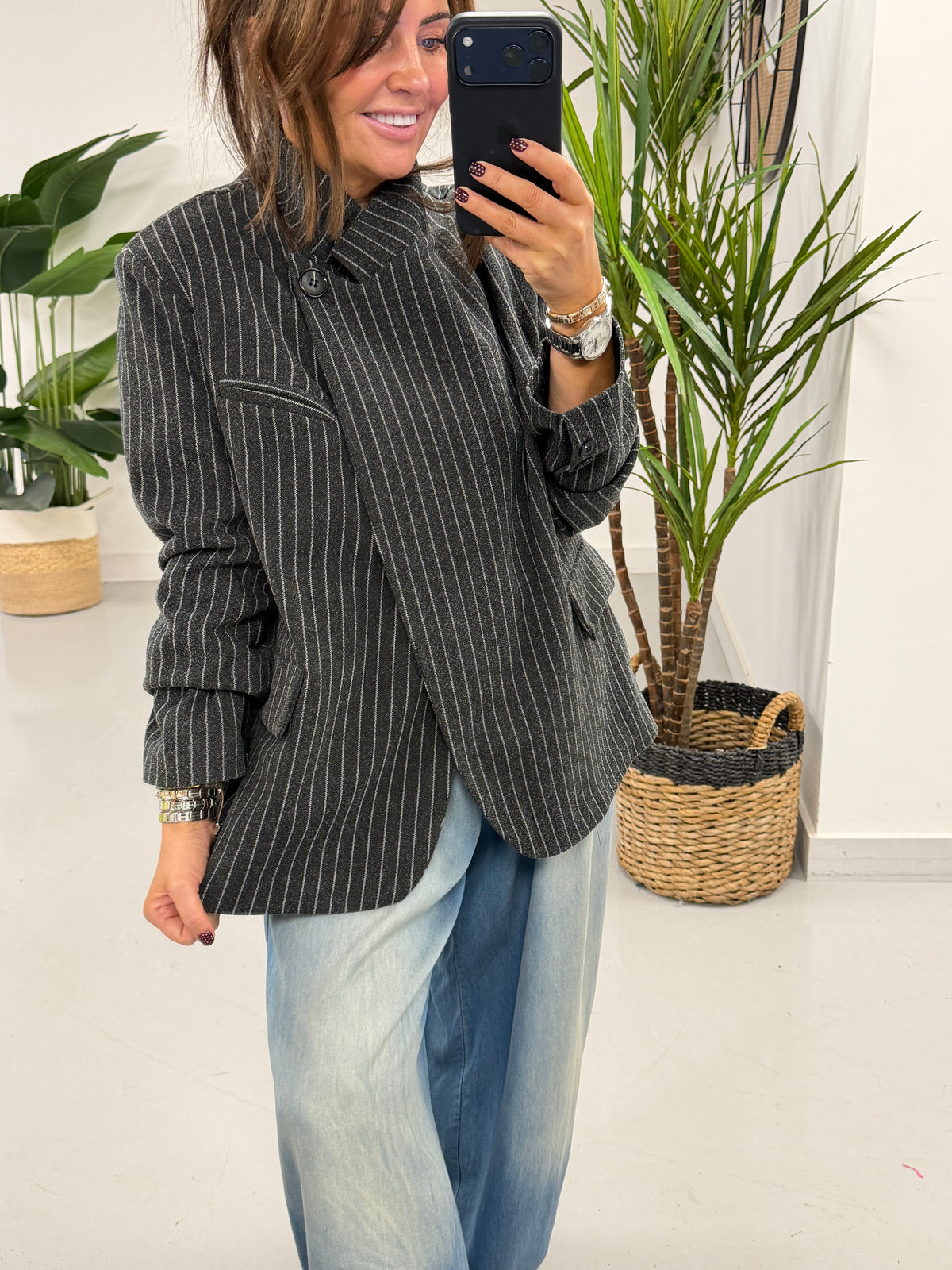 Madison Funnel Neck Blazer - Black Pinstripe