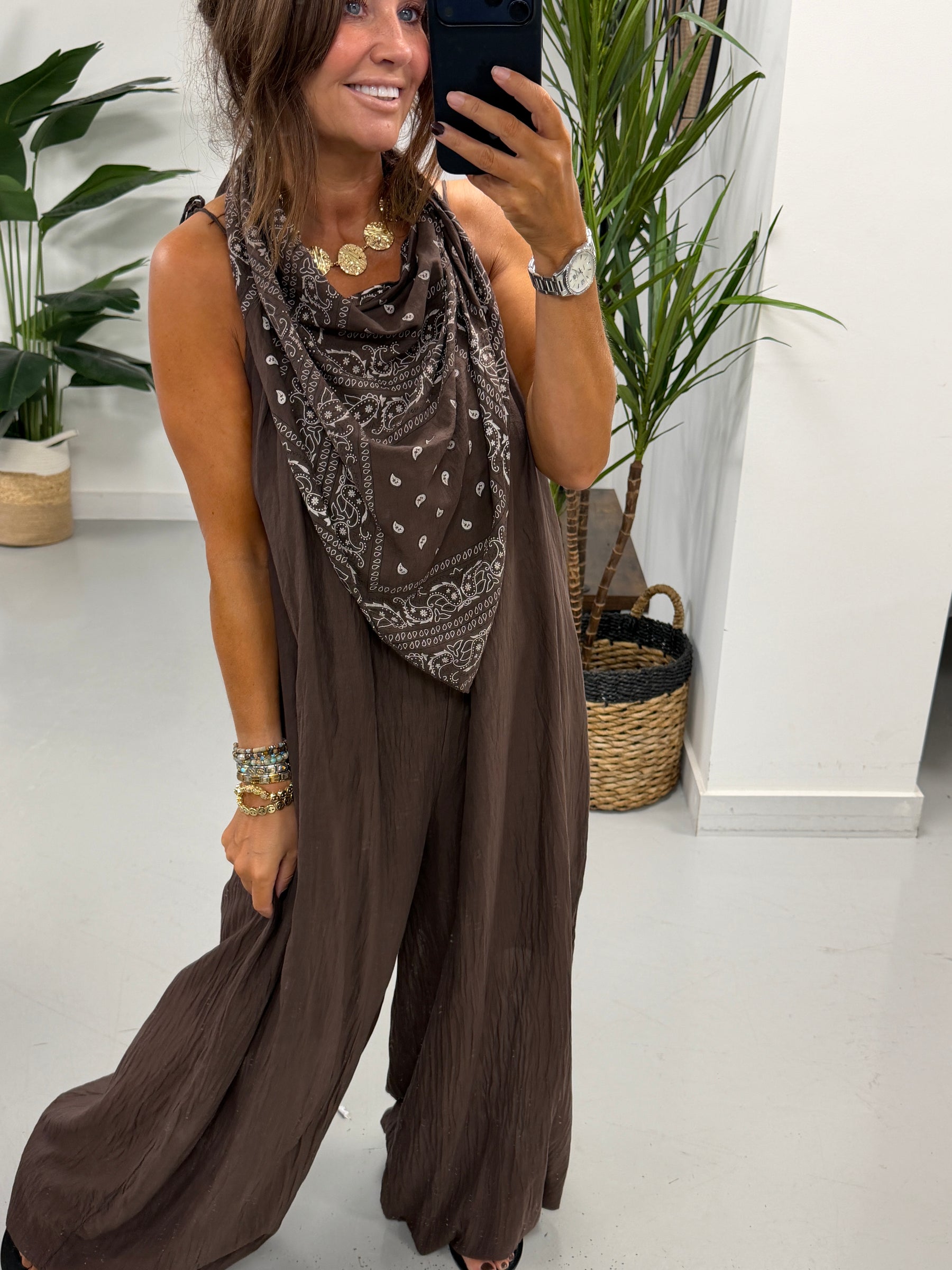 Bandana Scarf Jumpsuit - Chocolate (Due in in next few days)