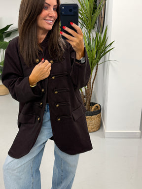 The Long Line Herringbone Style Military Jacket - Wine
