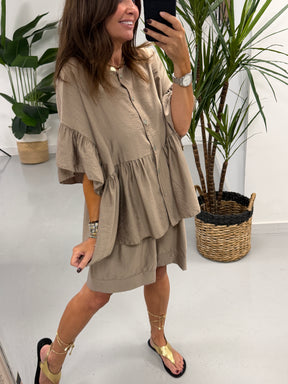 Peplum Button Short Set - Taupe