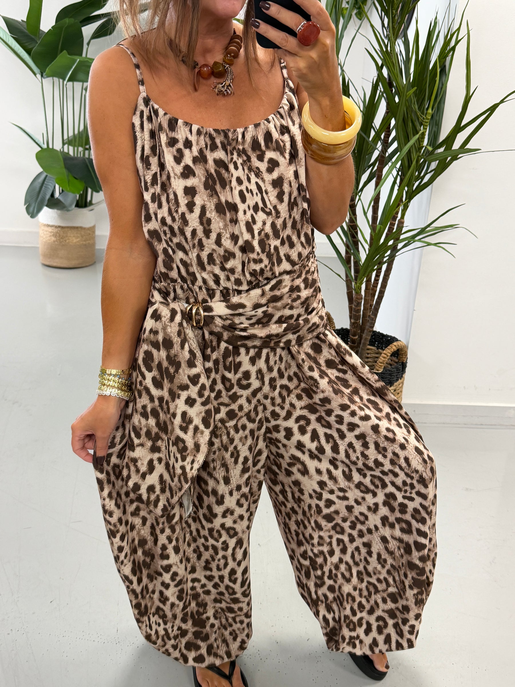 Wrap Crinkle Balloon Jumpsuit- Animal Print