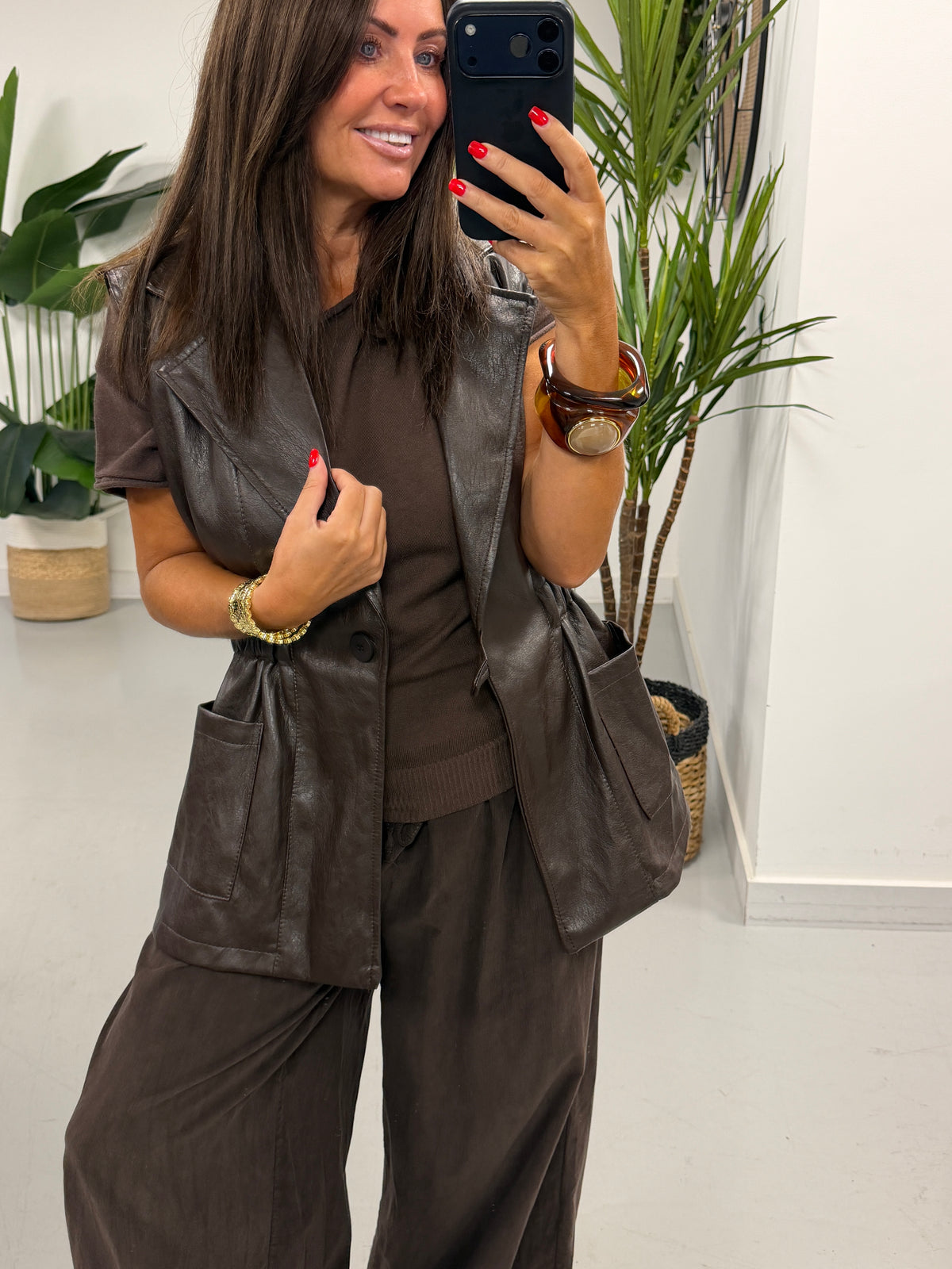 Soft Touch PU Gilet - Chocolate