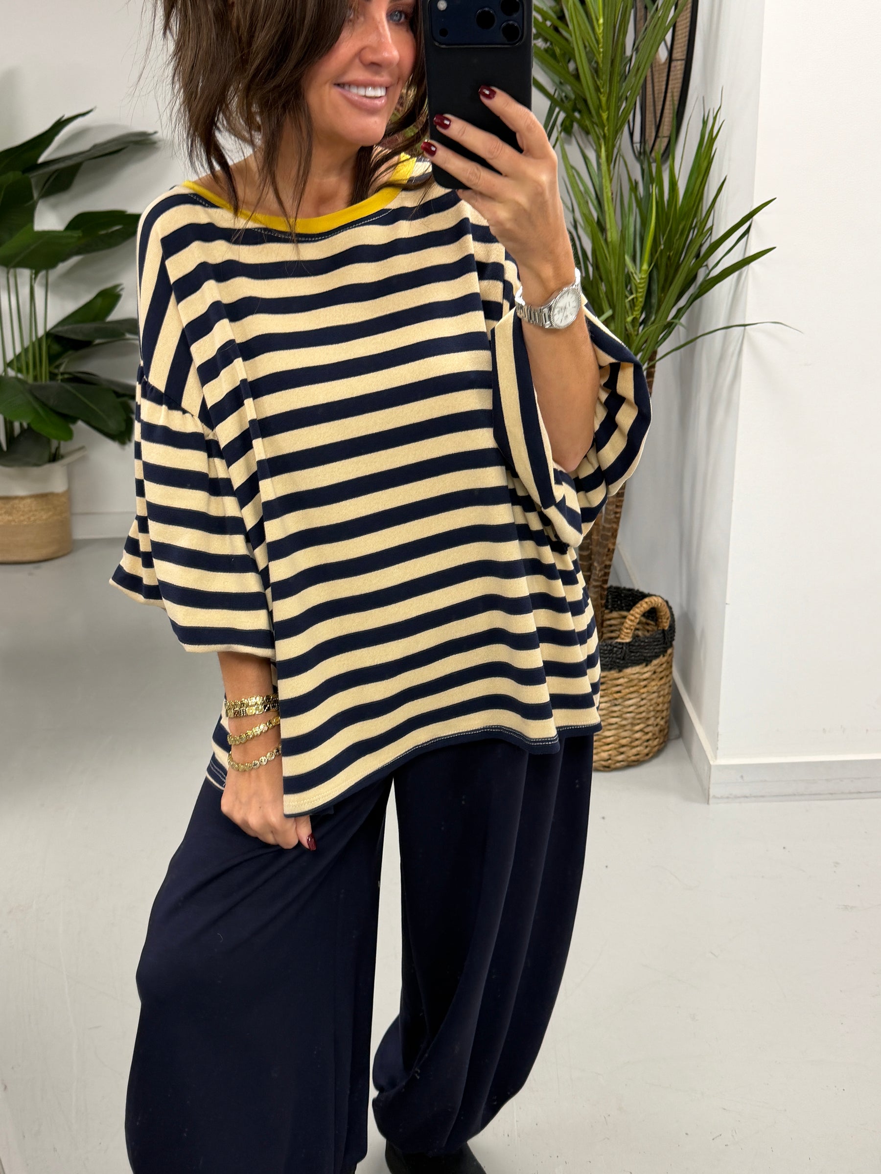 Sunset Stripe Puff Sleeve - Navy (Size 12-18)