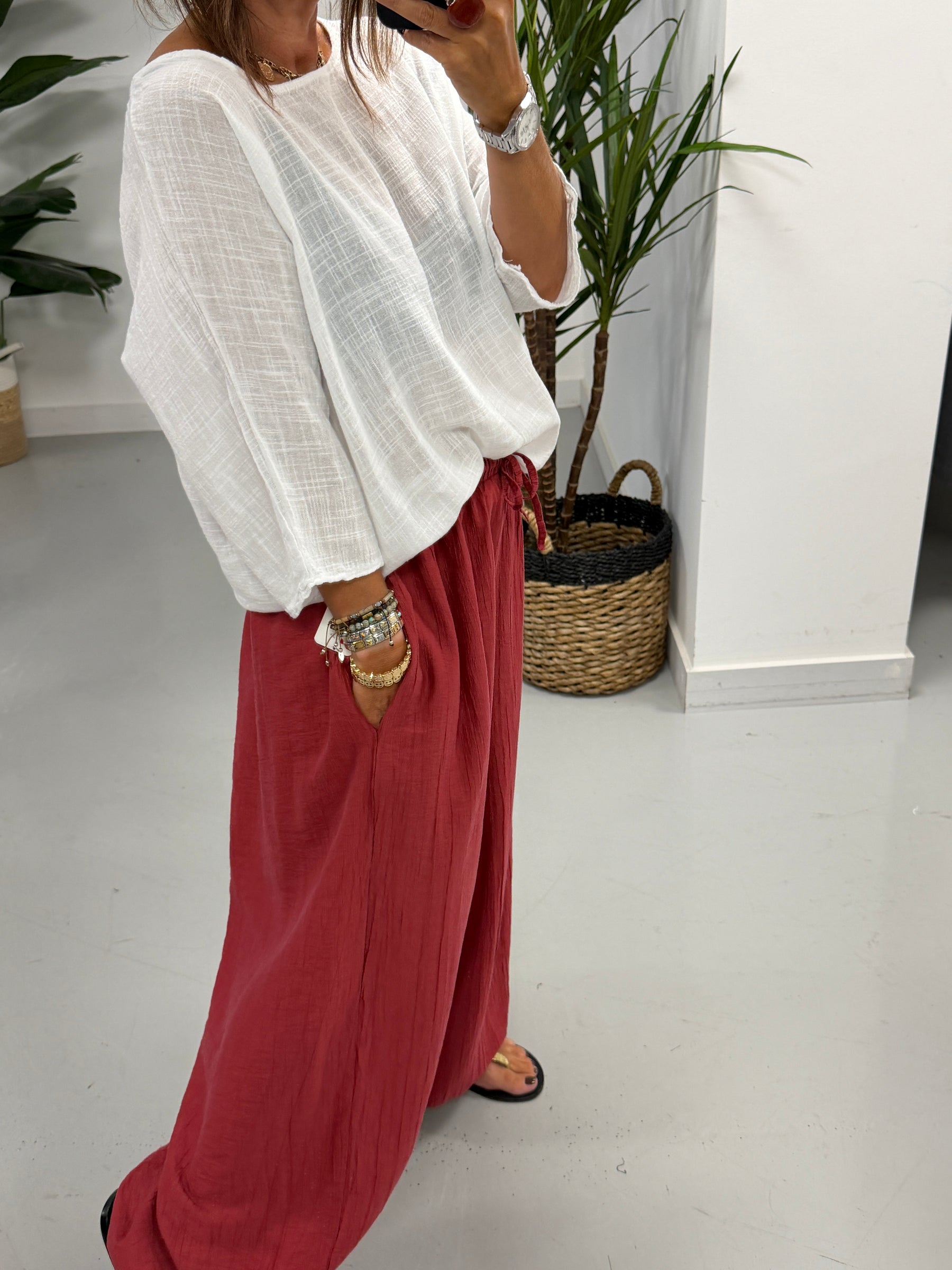 Linen Blend Boxy Top - White