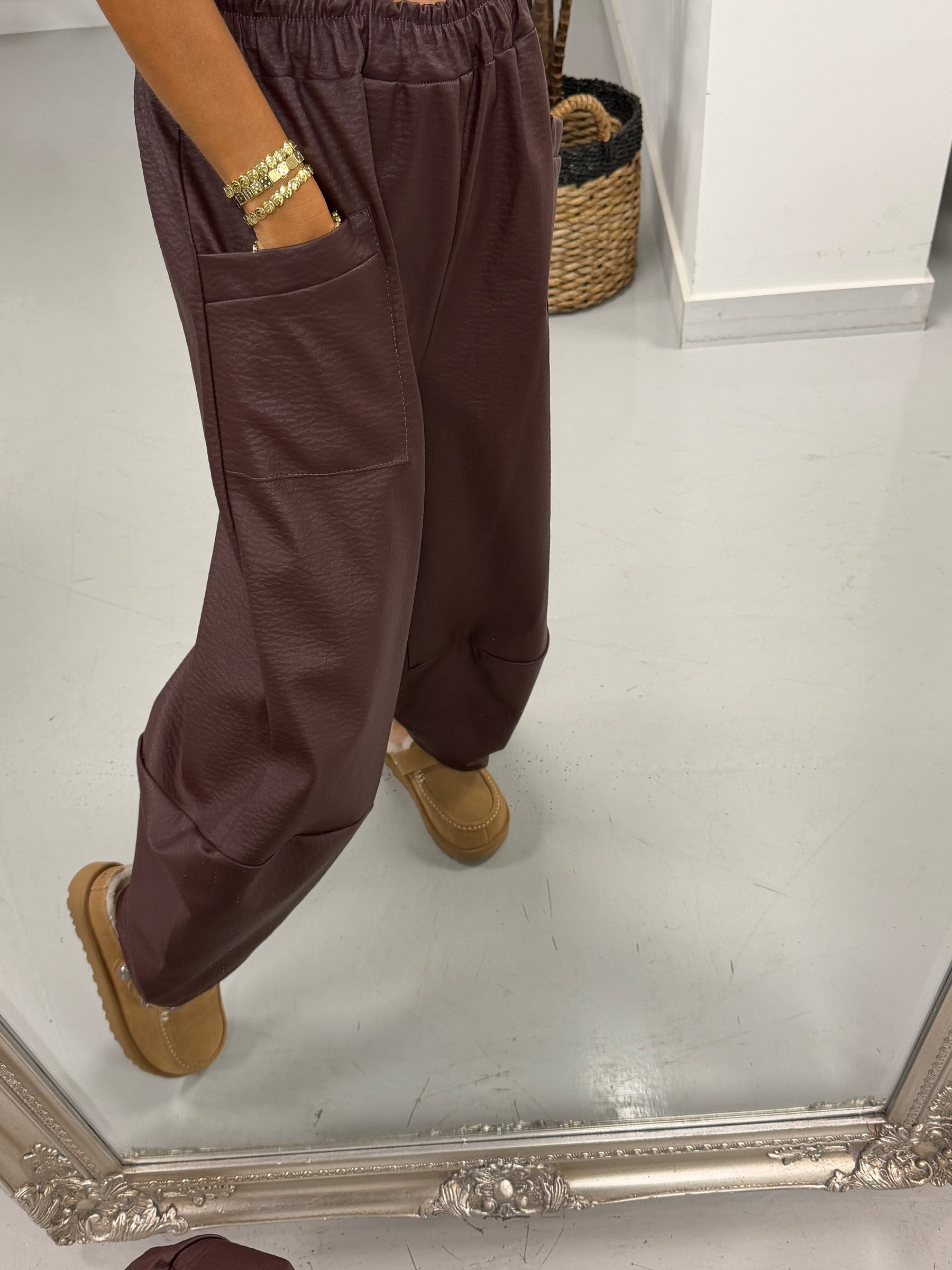 The Grained PU Tulip Trousers - Wine