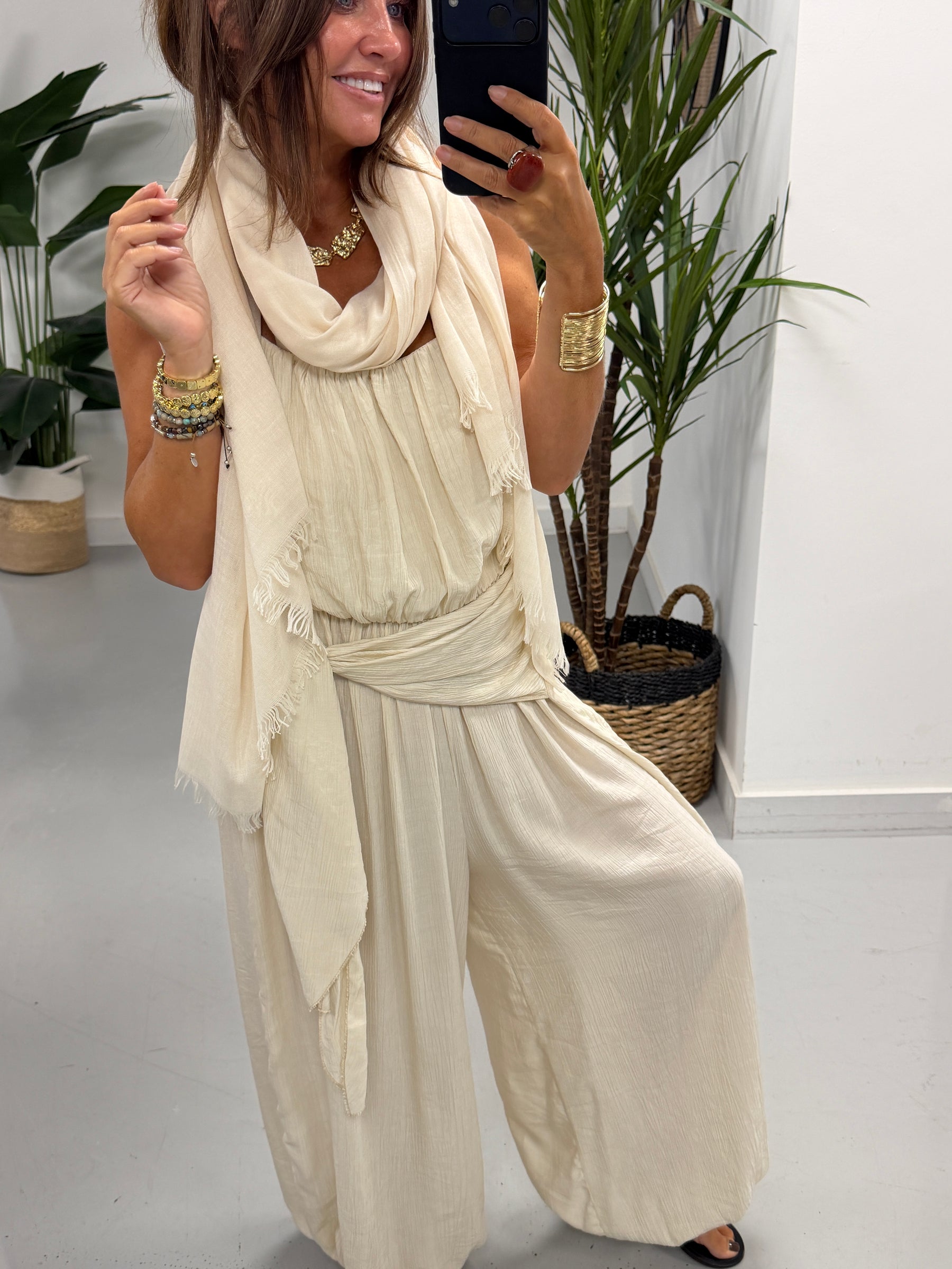 Wrap Crinkle Balloon Jumpsuit - Cream