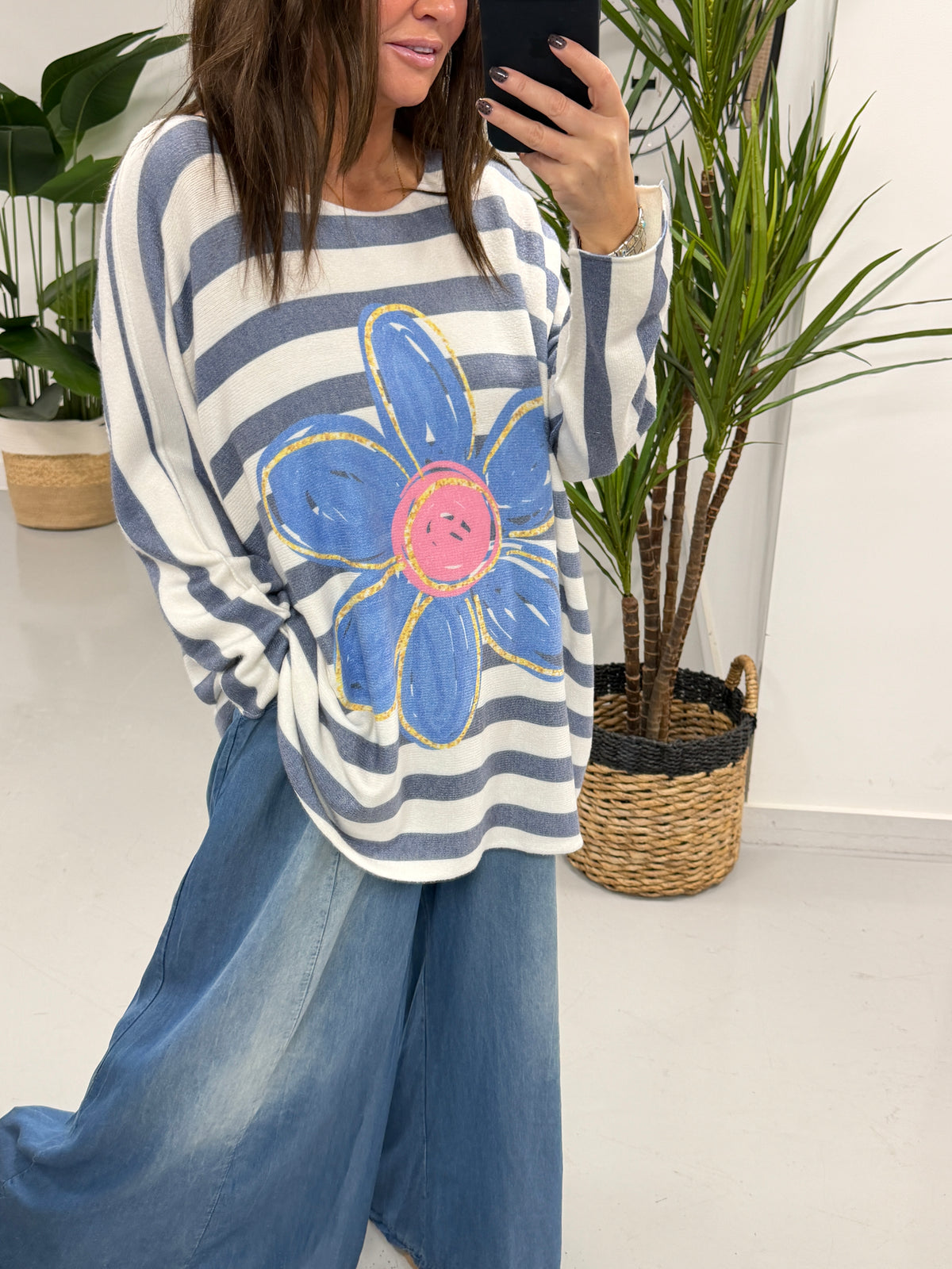 The Daisy/Stripe Soft Knit - Denim Blue