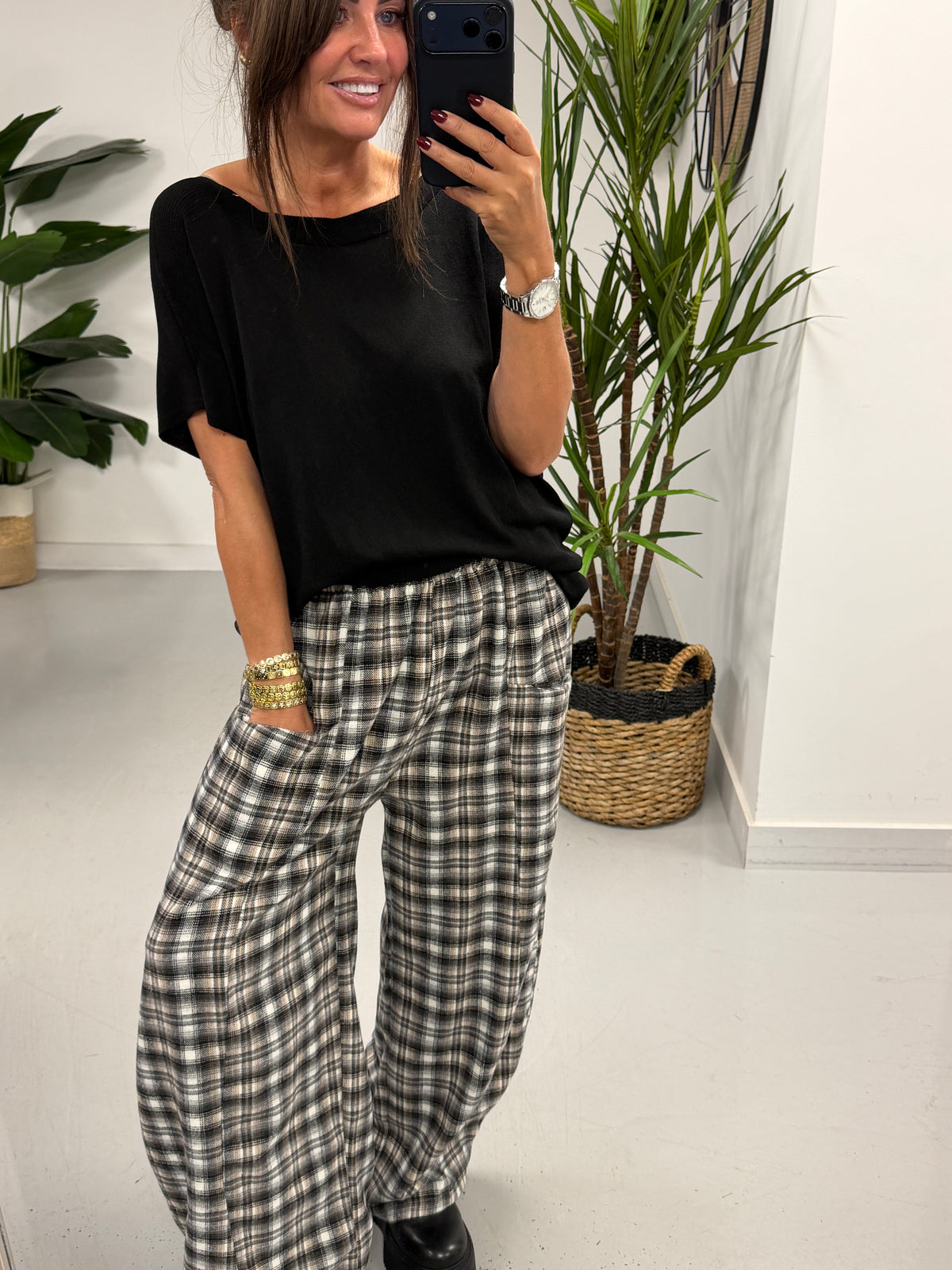 The Bailey Plush Cotton Plaid Barrel Trousers- Black (Size 10-16)