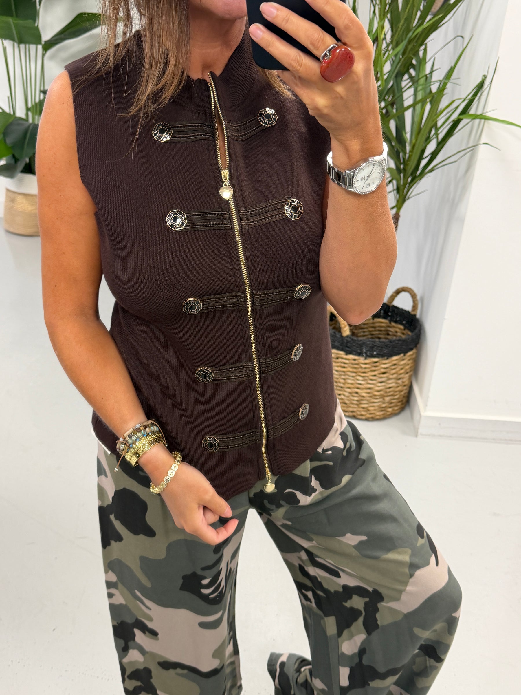 Knitted Military Waistcoat - Chocolate