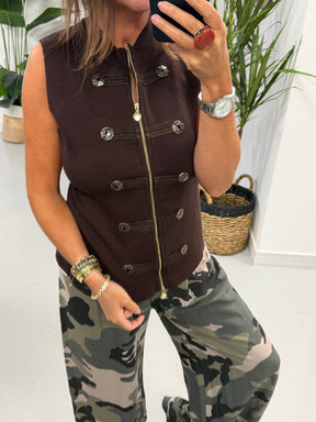 Knitted Military Waistcoat - Chocolate