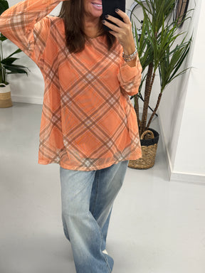 Layered Tartan Mesh Top - Tangerine