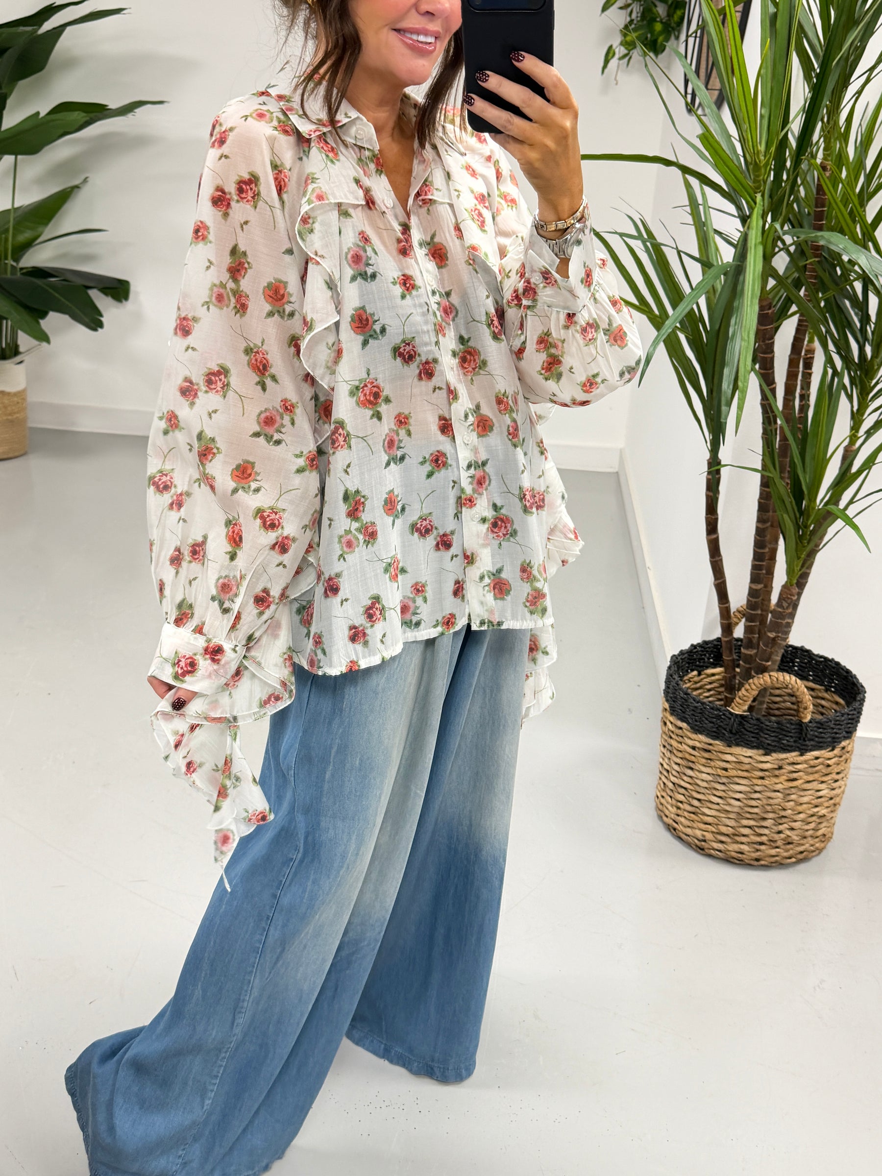 Zeta Otto Floral Frill Blouse - White