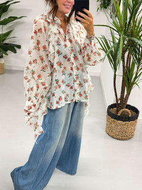 Zeta Otto Floral Frill Blouse - White