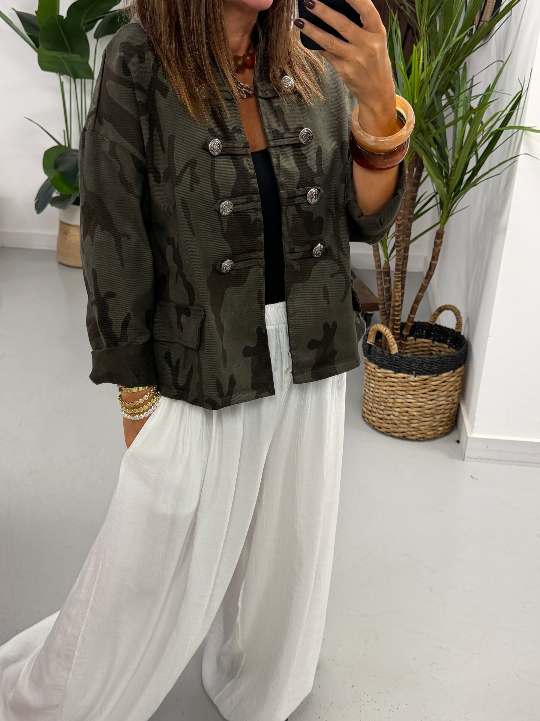 Camo Denim Military Jacket - Dark Khaki