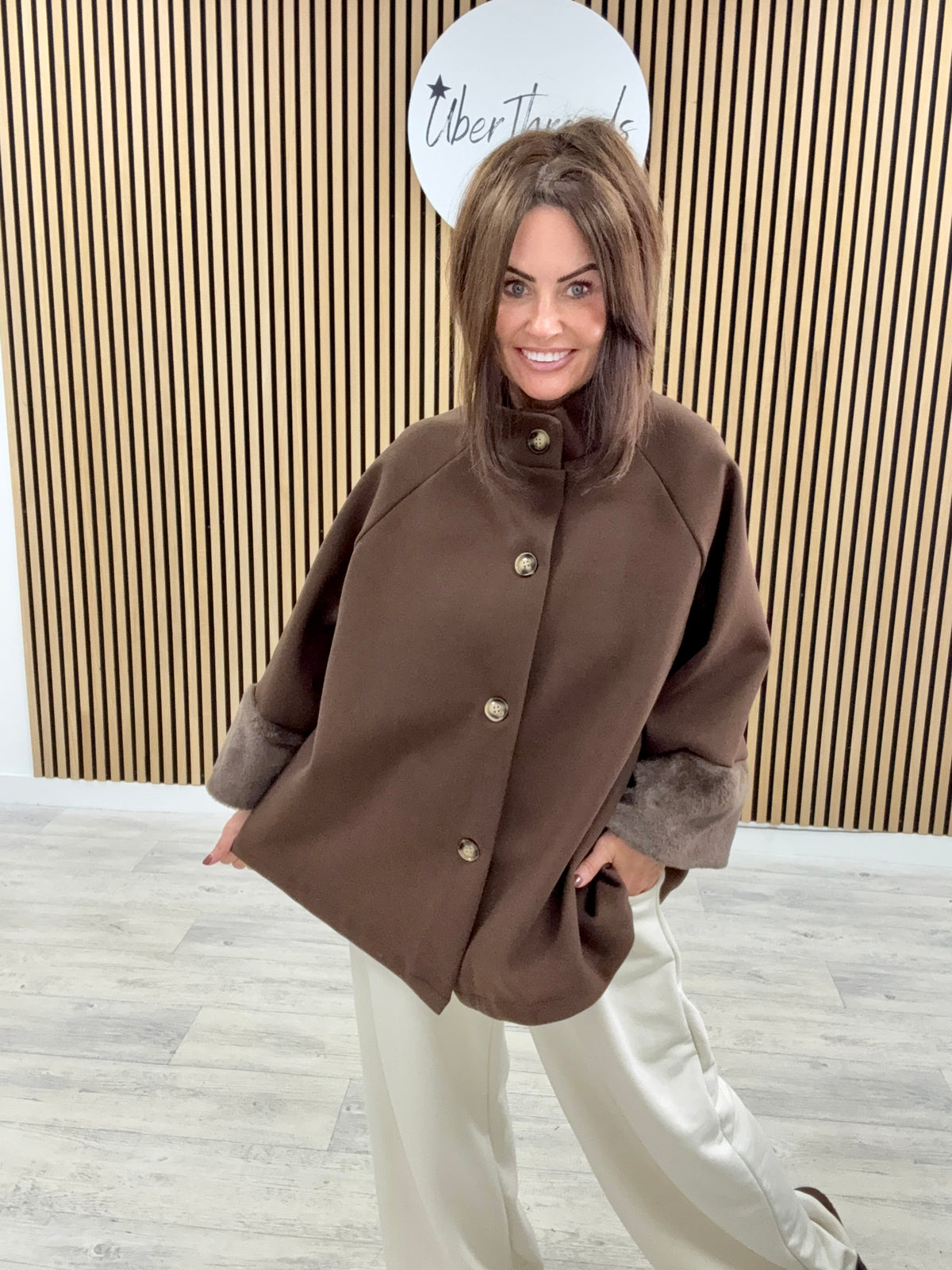 Faux Fur Sleeve Swing Jacket - Chocolate