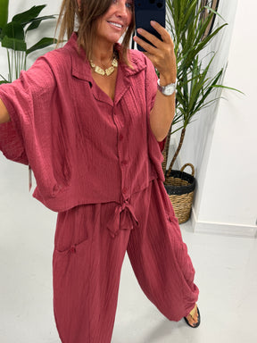 The Crinkle Button Tie Shirt - Wine