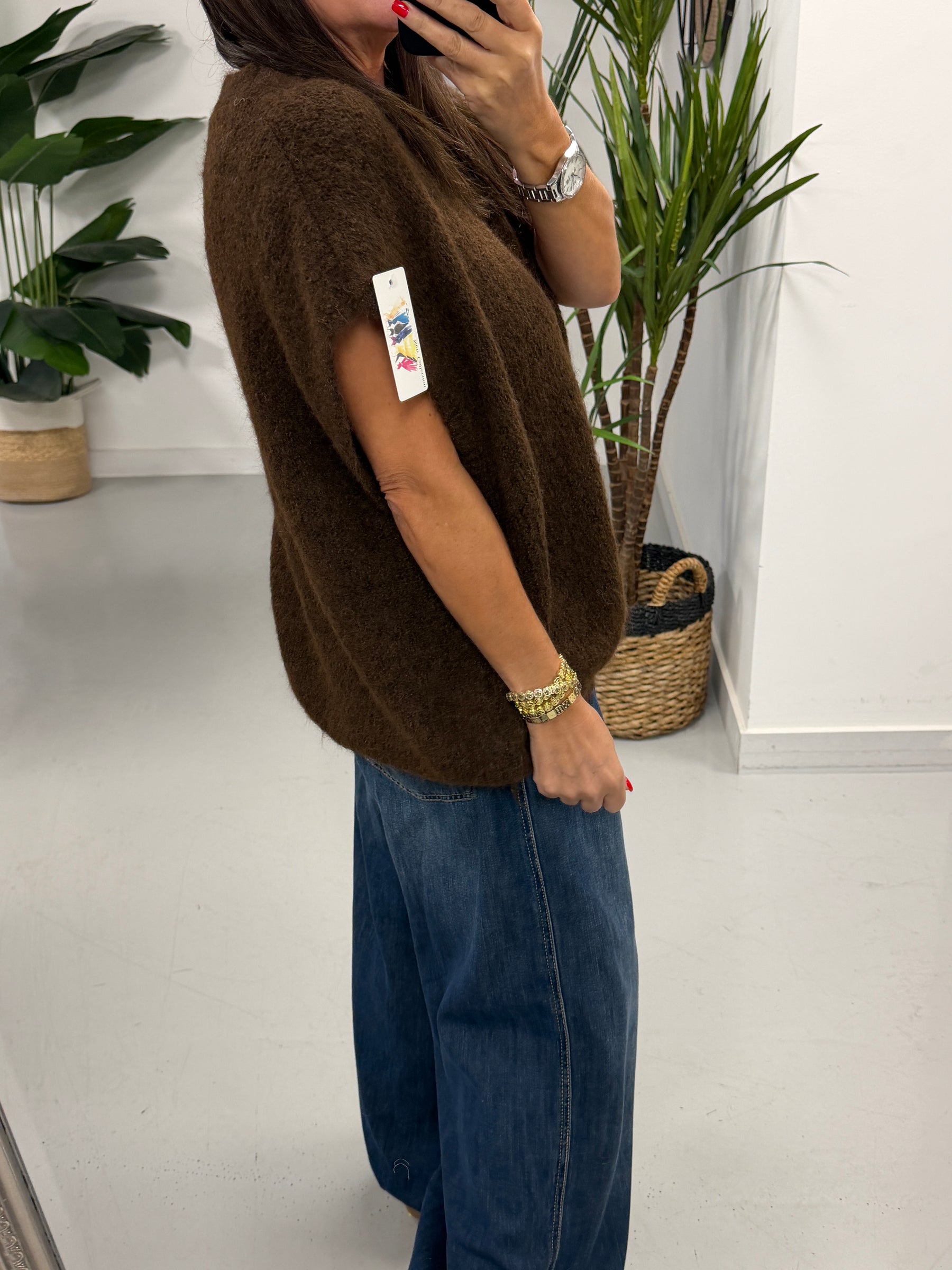 Button Up Slouchy Crop Sleeve Knit - Chocolate