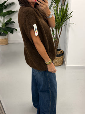 Button Up Slouchy Crop Sleeve Knit - Chocolate