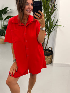 The Button Up Playsuit - Red