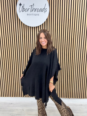 The Frayed Button Poncho - Black
